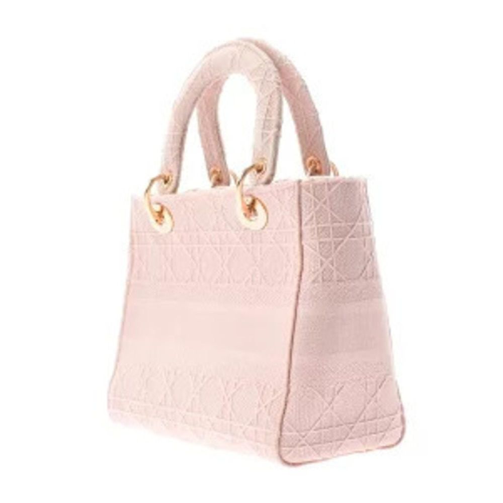 Dior Canvas LADY Cannage Handbag LITE Pink Embroidered Beige Bag